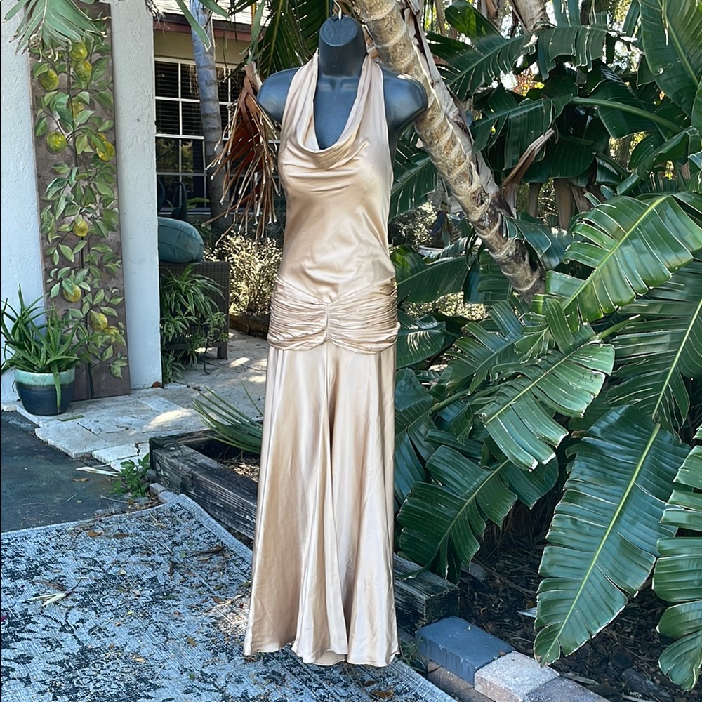 Alyce cowl neck metallic satin drop waist halter dress